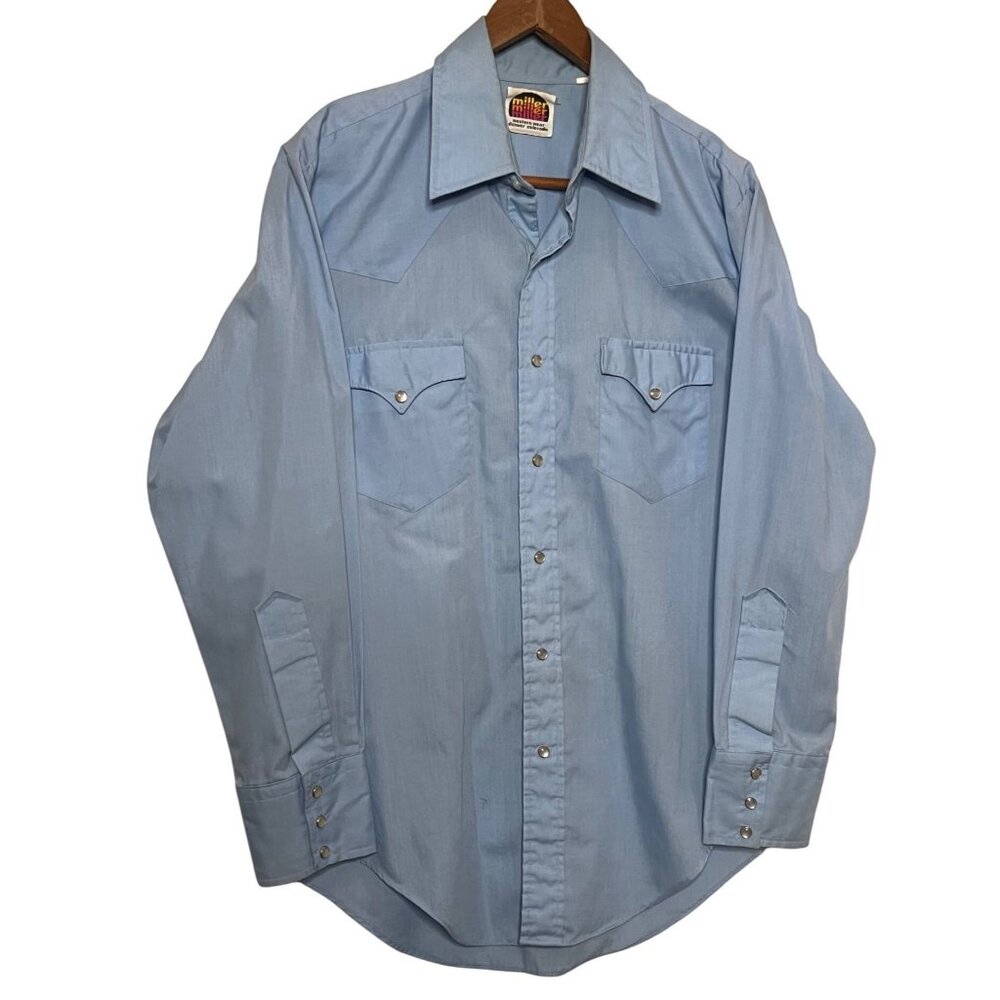 VTG Miller Western Pearl Snap Shirt Light Blue Long Sleeve 70s Style Mens Large
